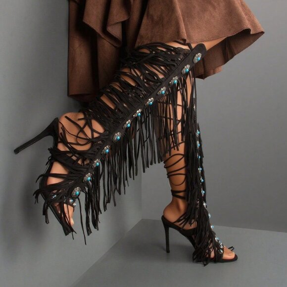 Shoes - Black Bohemian Women'sGemstone Straps Fringe Detail Knee High Stiletto Boots f